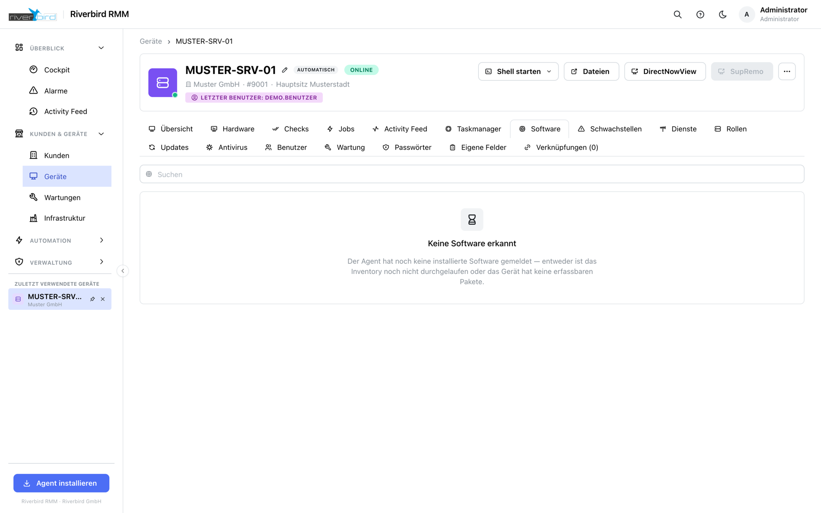 Die installierte Software eines Geräts mit Version und Hersteller